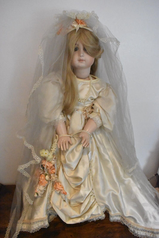 Vintage Reproduction French Bru Jumeau Bride Doll with Seeley Body – 80cm Bisque