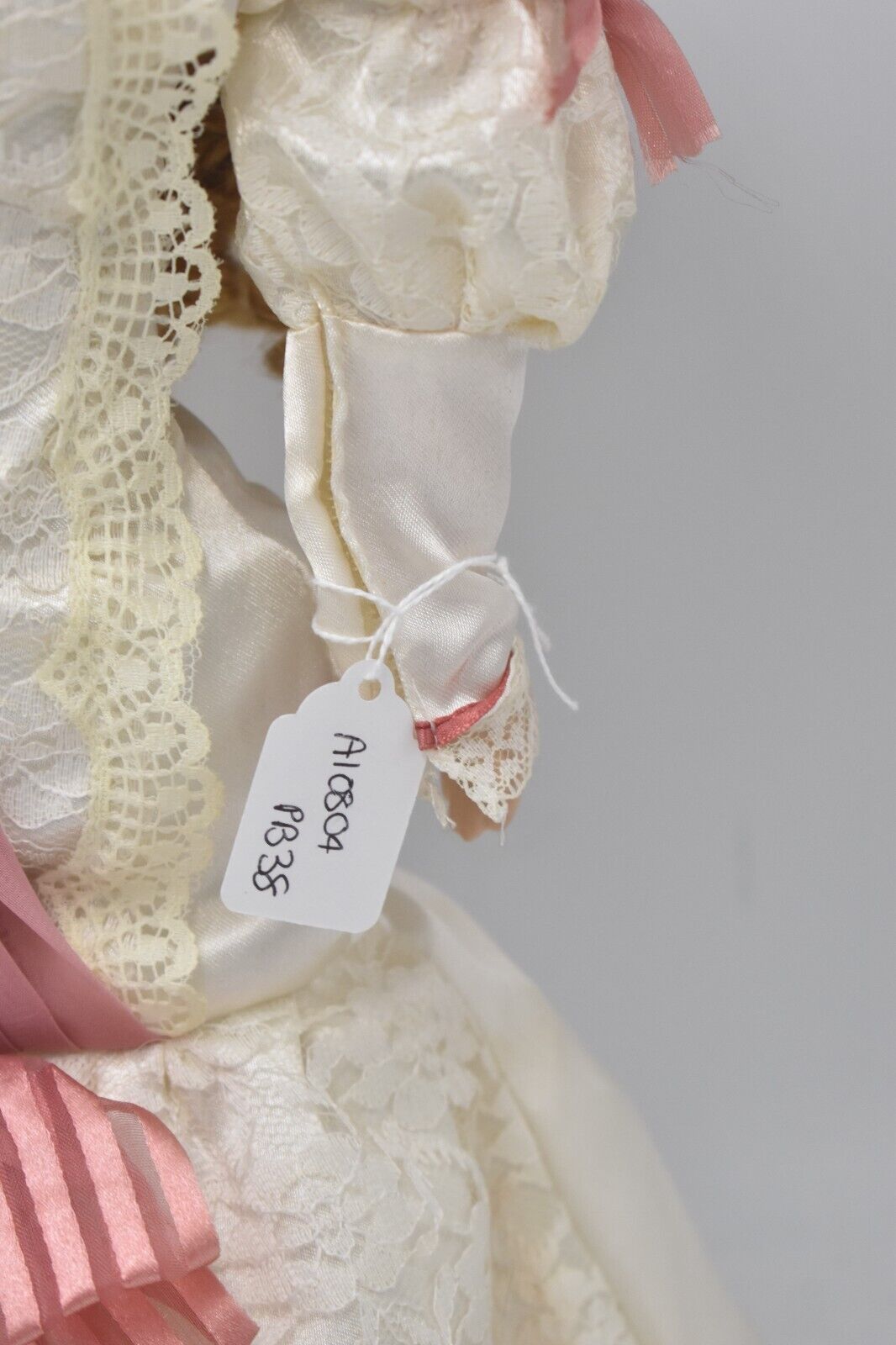 Vintage Porcelain Doll – Blonde Hair, Brown Eyes, Regency Cream Dress – 45cm