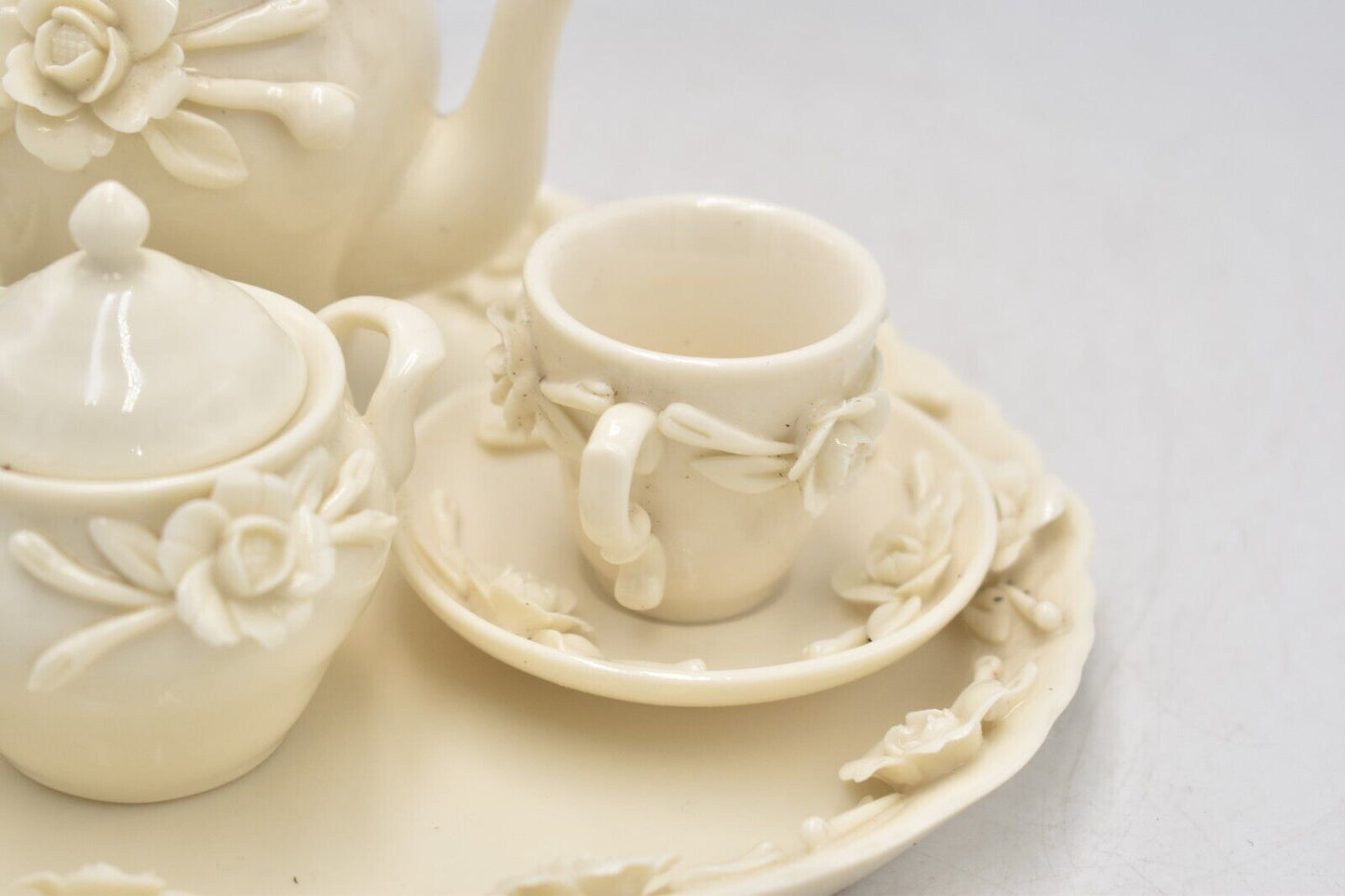 Vintage Miniature 3D Rose Cream Teapot Tea Set - Decorative Collectible - 10cm