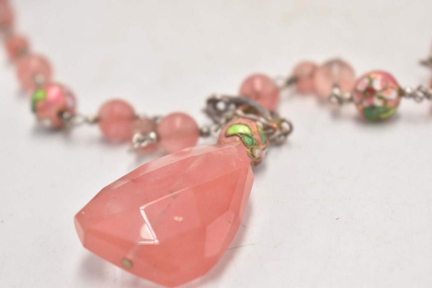 Vintage Cloisonné & Cherry Quartz Beaded Pendant Necklace – SR China