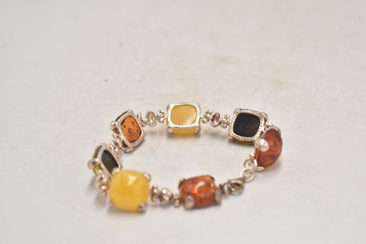 Vintage Sterling Silver & Multicolour Baltic Amber Bracelet – 19cm, 925 Silver