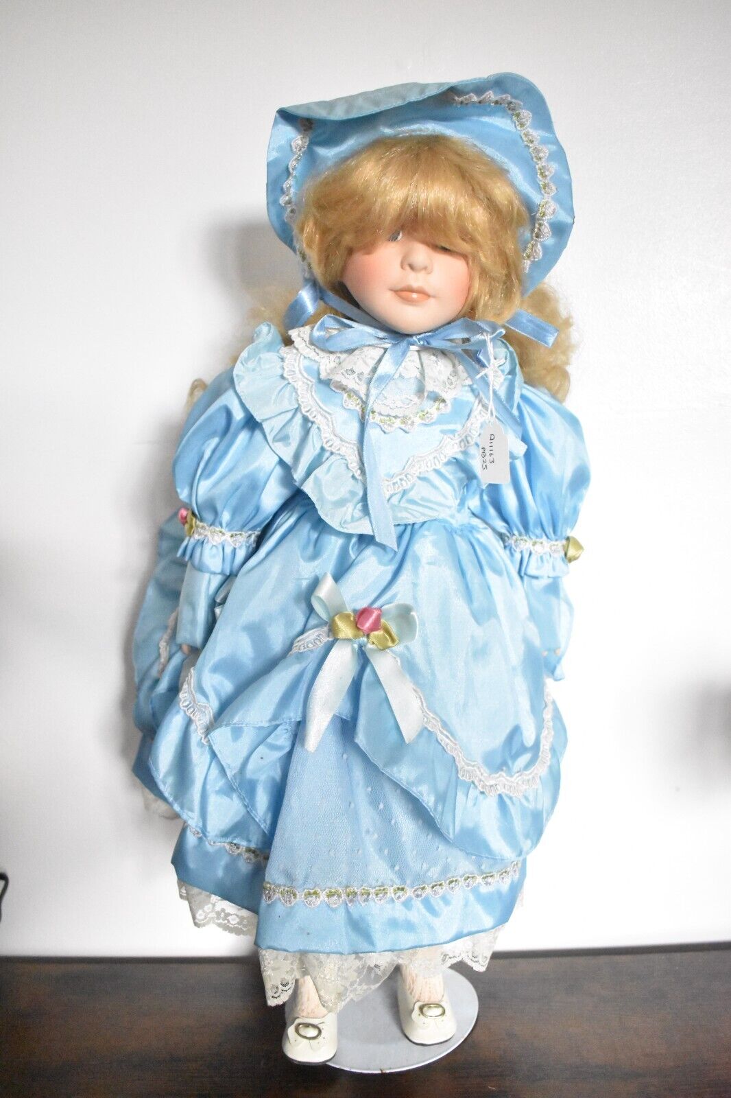 Vintage Porcelain Doll Blonde Hair, Blue Eyes and Blue Silk Dress Outfit