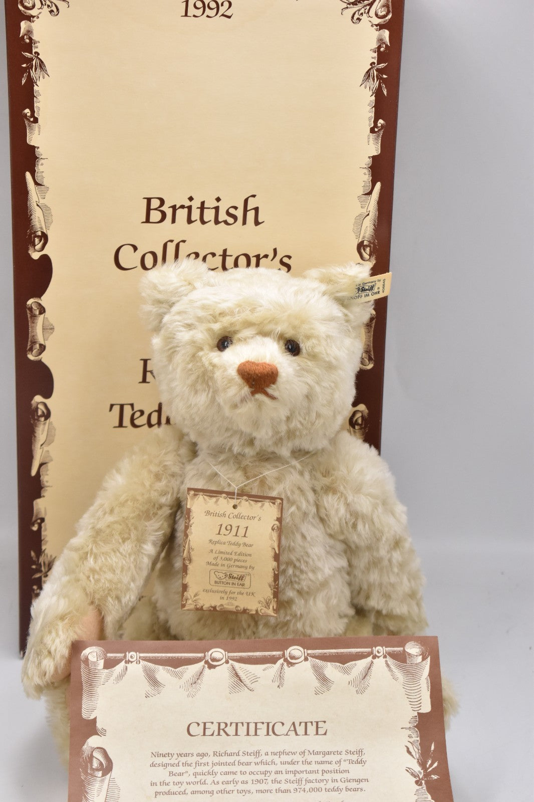 Steiff Replica 1911 Teddy Bear 1992 British Collectors Limited Edition 406645