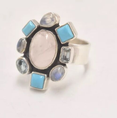 Vintage Sterling Silver Turquoise, Moonstone, and Rose Quartz Ring – Size V