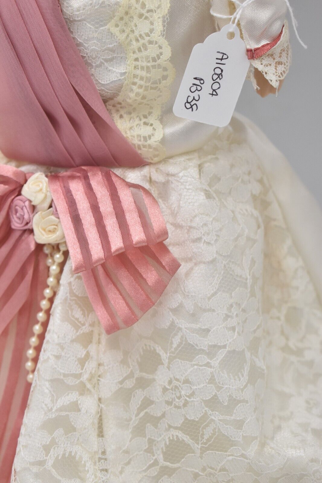 Vintage Porcelain Doll – Blonde Hair, Brown Eyes, Regency Cream Dress – 45cm