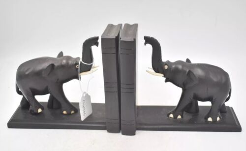 Vintage Hand-Carved Ebony Wooden Elephant Bookends Ceylonese 13cm