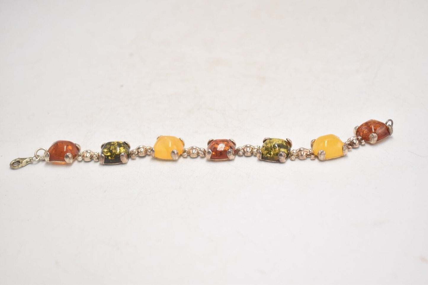 Vintage Sterling Silver & Multicolour Baltic Amber Bracelet – 19cm, 925 Silver