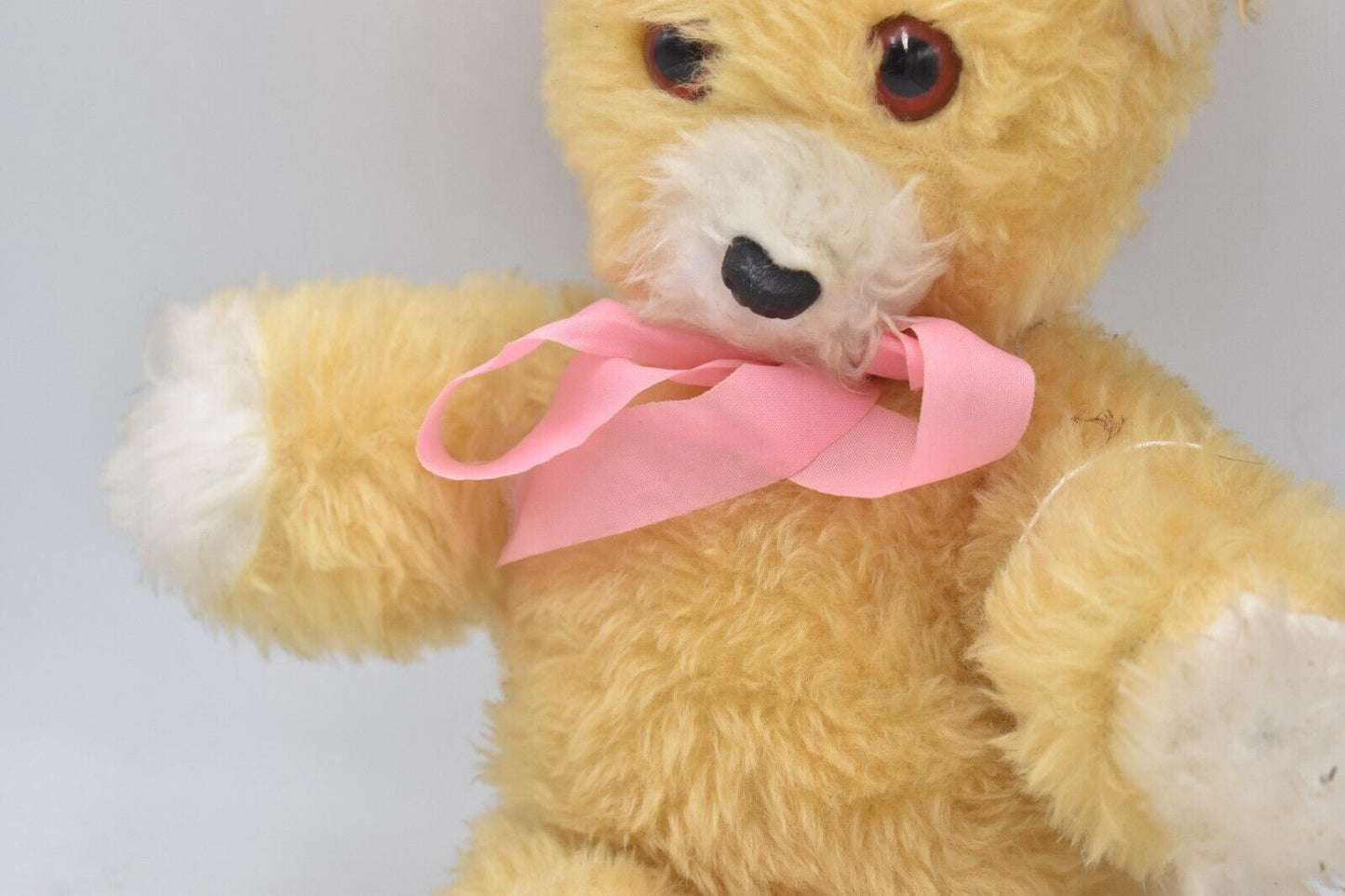 Vintage 1970s Plush Teddy Bear Soft Toy with Pink Bow