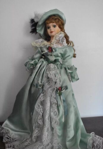 Vintage Large Porcelain Doll – 60cm Green Victorian Dress, Ginger Hair, Blue Eyes