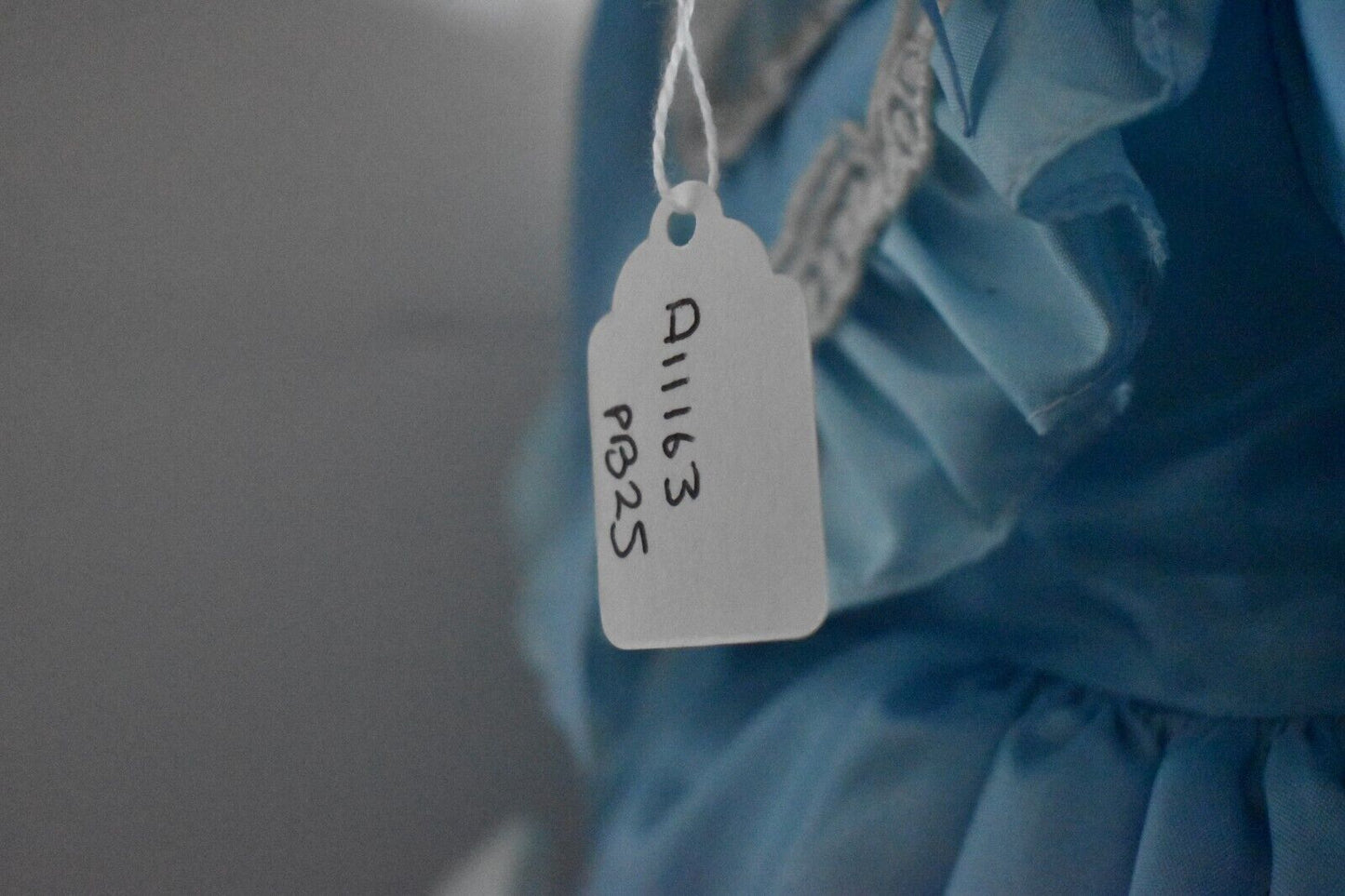 Vintage Porcelain Doll Blonde Hair, Blue Eyes and Blue Silk Dress Outfit