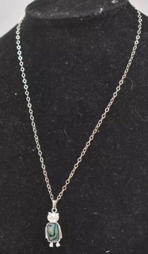 Vintage Sterling Silver 925 & Mother of Pearl Abalone Owl Pendant Necklace
