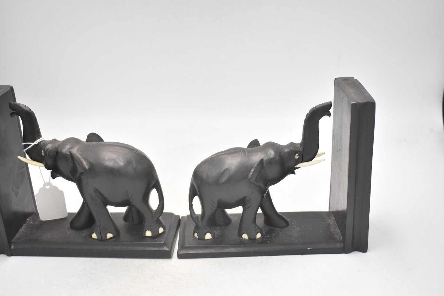 Vintage Hand-Carved Ebony Wooden Elephant Bookends Ceylonese 13cm