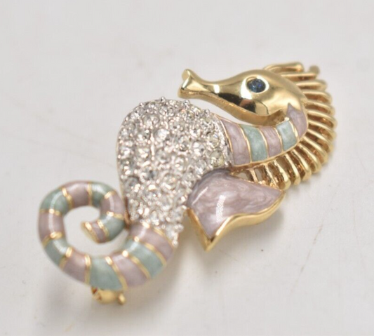 Vintage Seahorse Brooch – Rhinestone & Enamel – Costume Jewellery