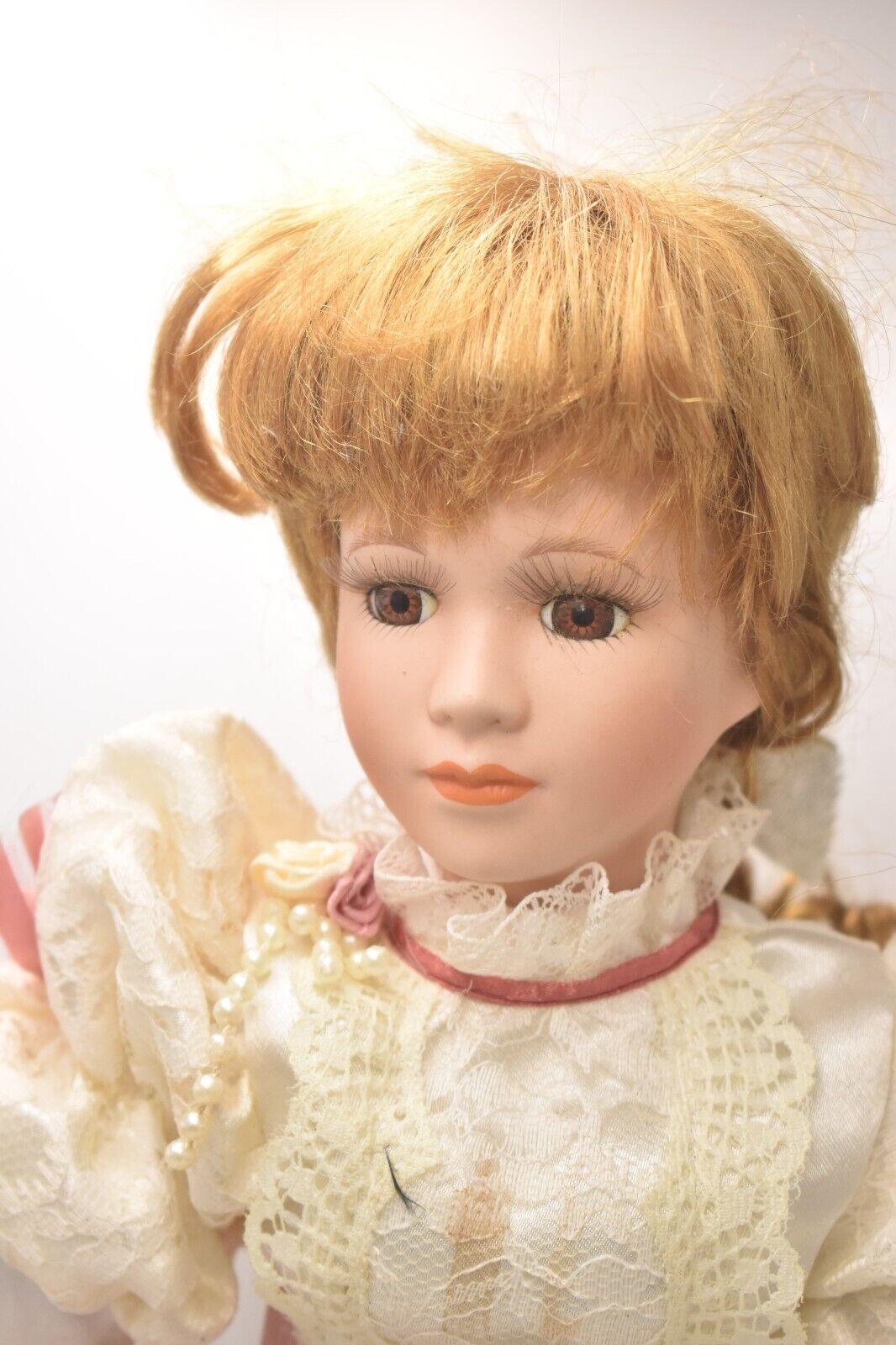 Vintage Porcelain Doll – Blonde Hair, Brown Eyes, Regency Cream Dress – 45cm