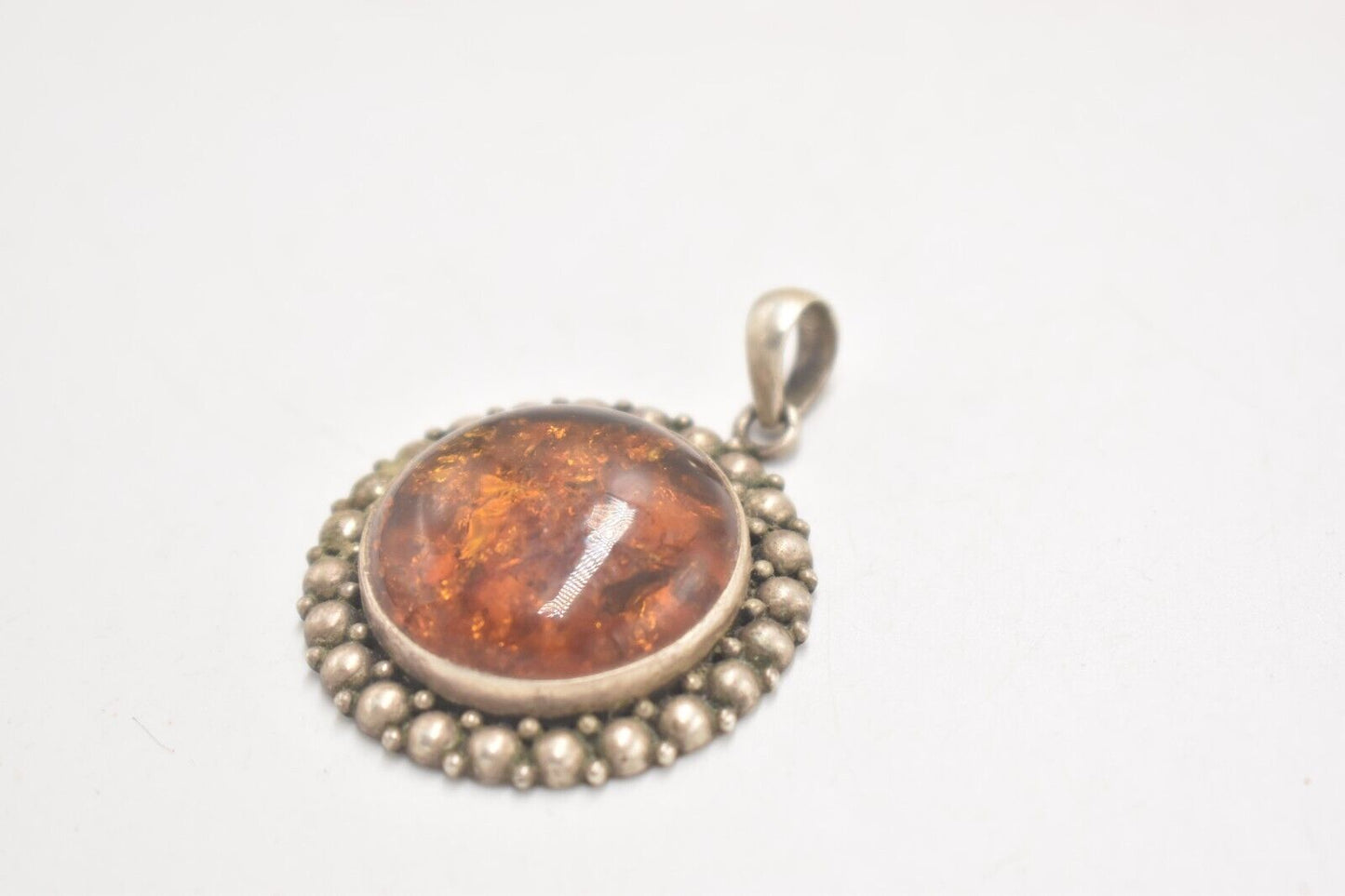 Vintage Sterling Silver 925 Amber Ornate Marcasite Necklace Pendant