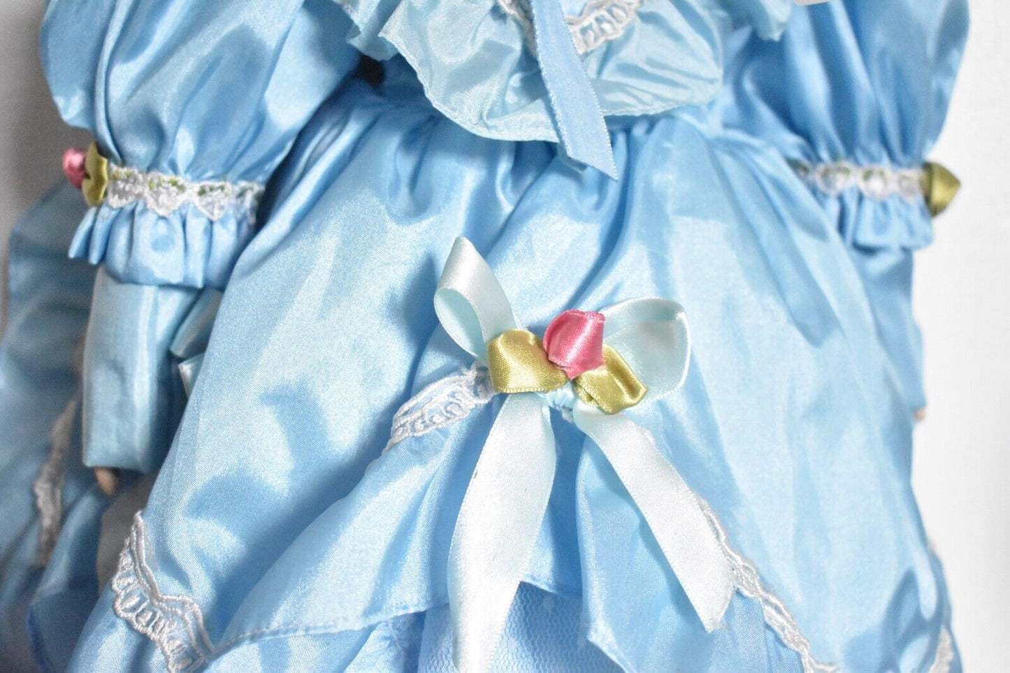 Vintage Porcelain Doll Blonde Hair, Blue Eyes and Blue Silk Dress Outfit