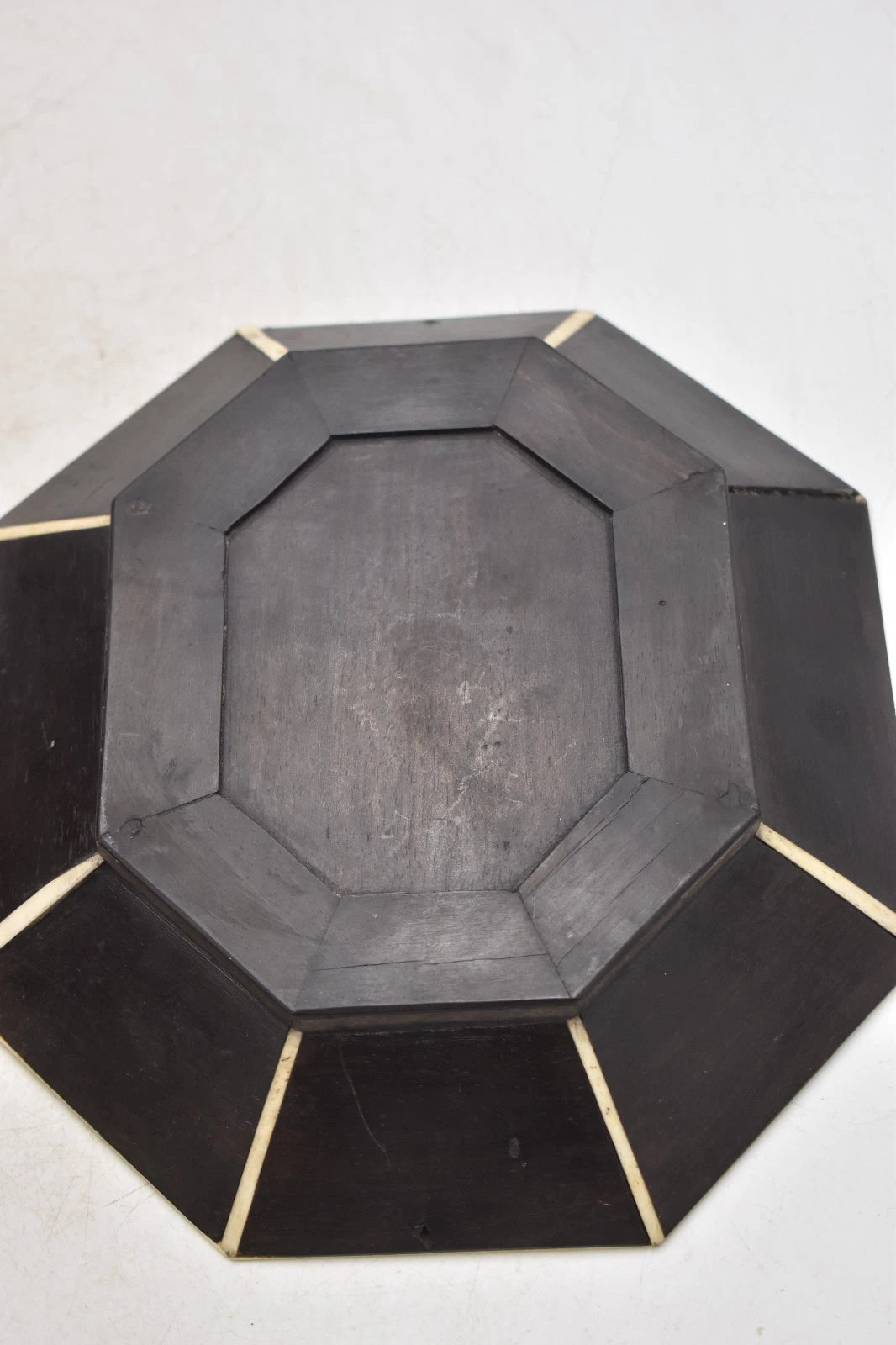 Antique Anglo-Indian Hand Carved Ebony Octagonal Dish with Inlay 22.5cm