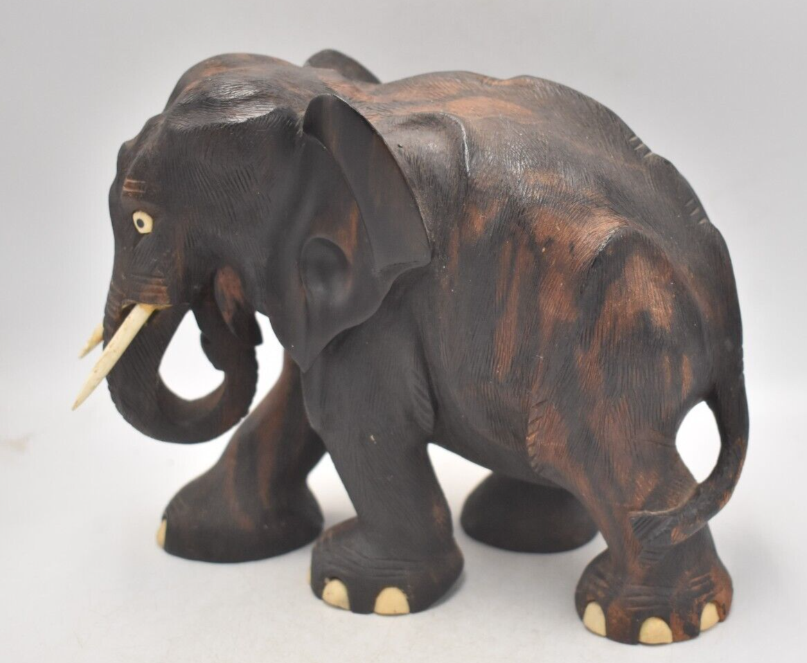 Antique Vintage Hand-Carved Wooden Elephant Statue Ceylon 17.5cm Figurine