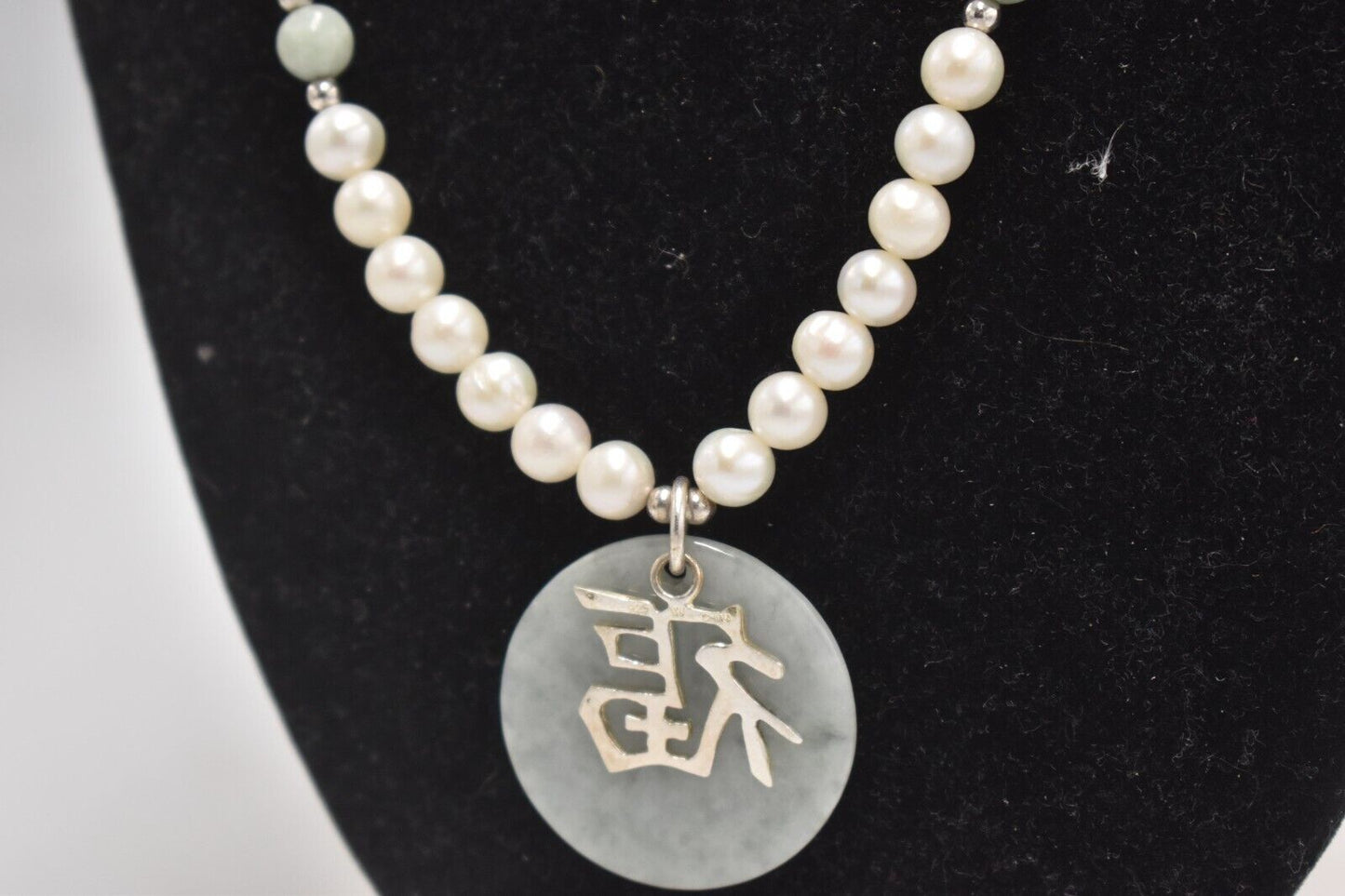 Vintage Sterling Silver 925 Green Jadeite & Faux Pearl Blessings Charm Necklace