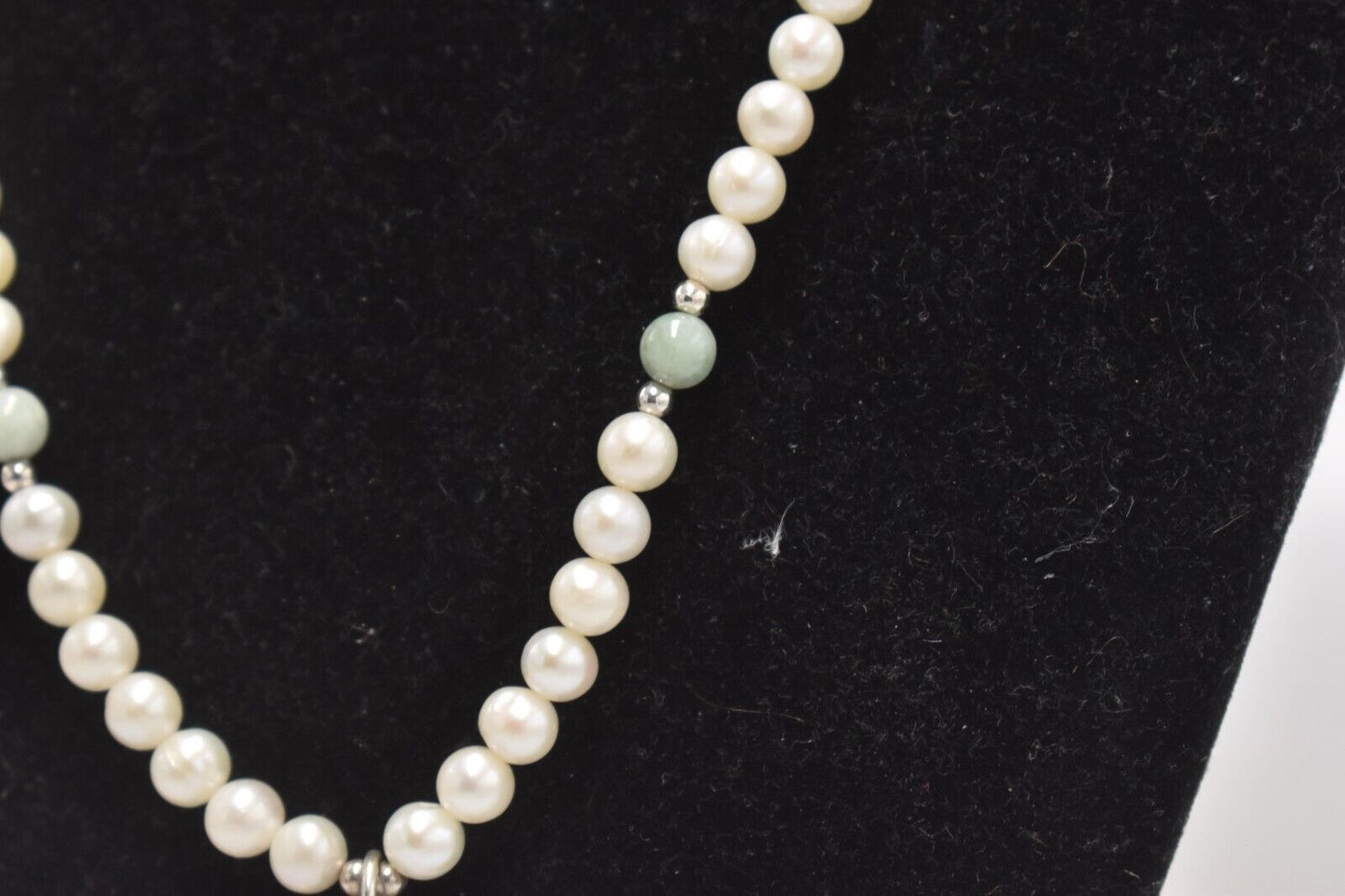 Vintage Sterling Silver 925 Green Jadeite & Faux Pearl Blessings Charm Necklace