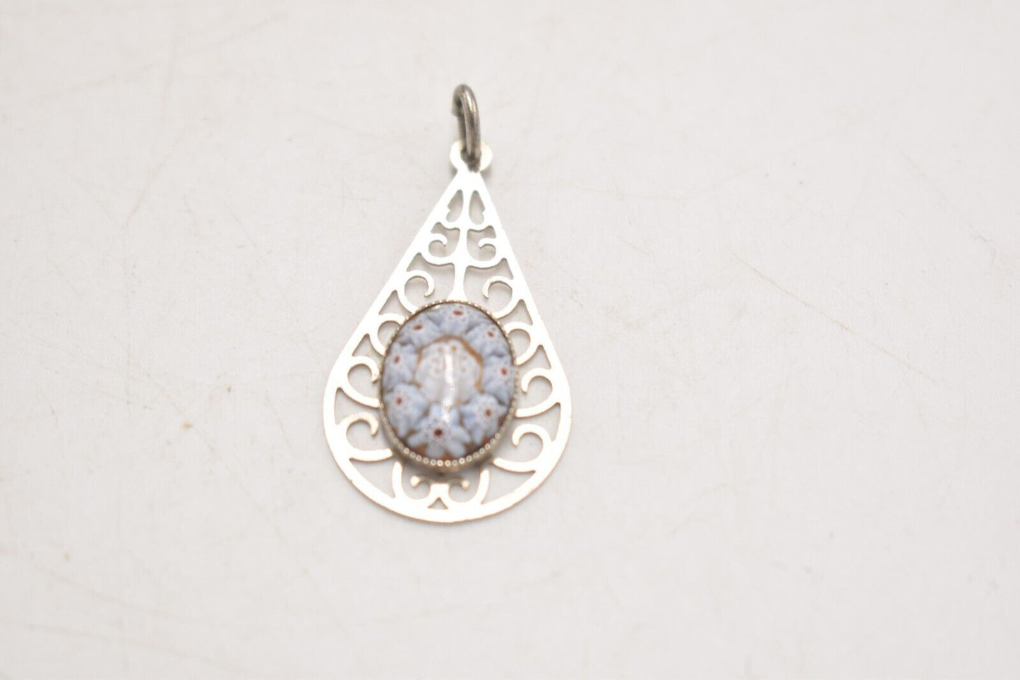 Vintage Millefiori Murano Glass and Silver Metal Teardrop Necklace Pendant