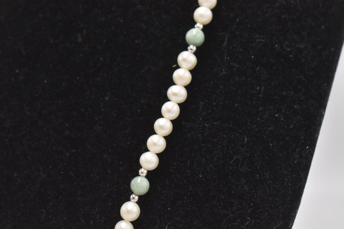 Vintage Sterling Silver 925 Green Jadeite & Faux Pearl Blessings Charm Necklace