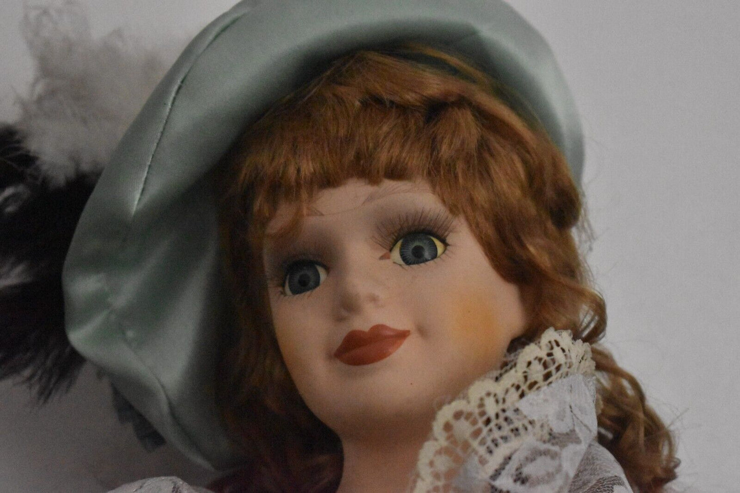 Vintage Large Porcelain Doll – 60cm Green Victorian Dress, Ginger Hair, Blue Eyes