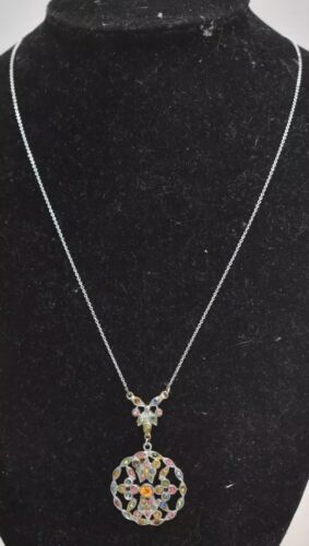 Vintage Silver Metal Rainbow Rhinestone Pendant Necklace