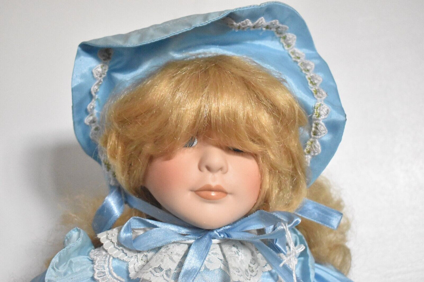 Vintage Porcelain Doll Blonde Hair, Blue Eyes and Blue Silk Dress Outfit