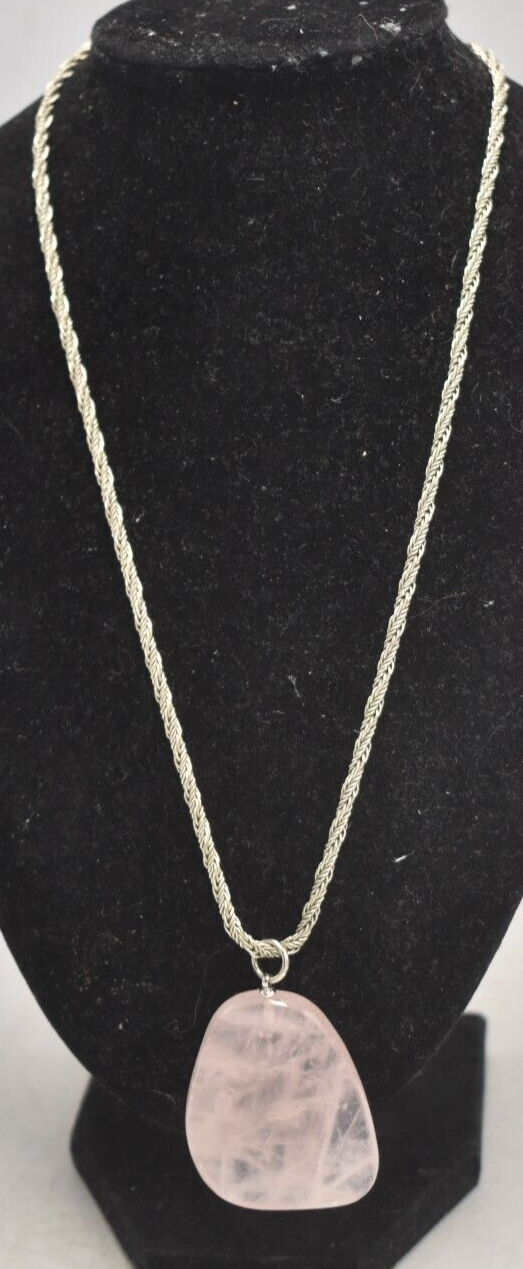 Vintage Silver Metal Necklace with Large Pink Quartz Pendant – 50cm