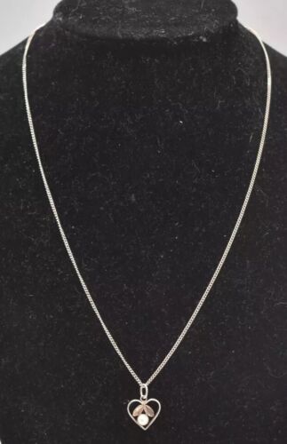 Vintage Sterling Silver 925 Heart Pearl Pendant Necklace – 45cm