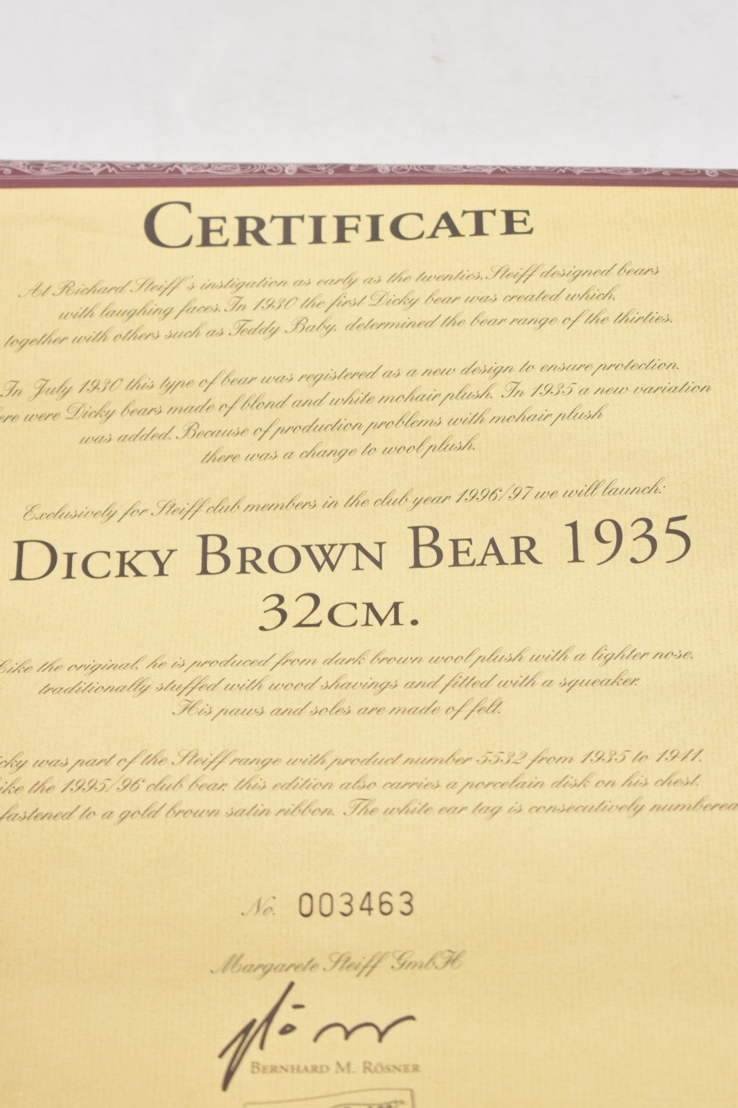 Steiff Dicky Brown Bear 1935 Club Edition 1996 Limited Edition 420078 – 32cm