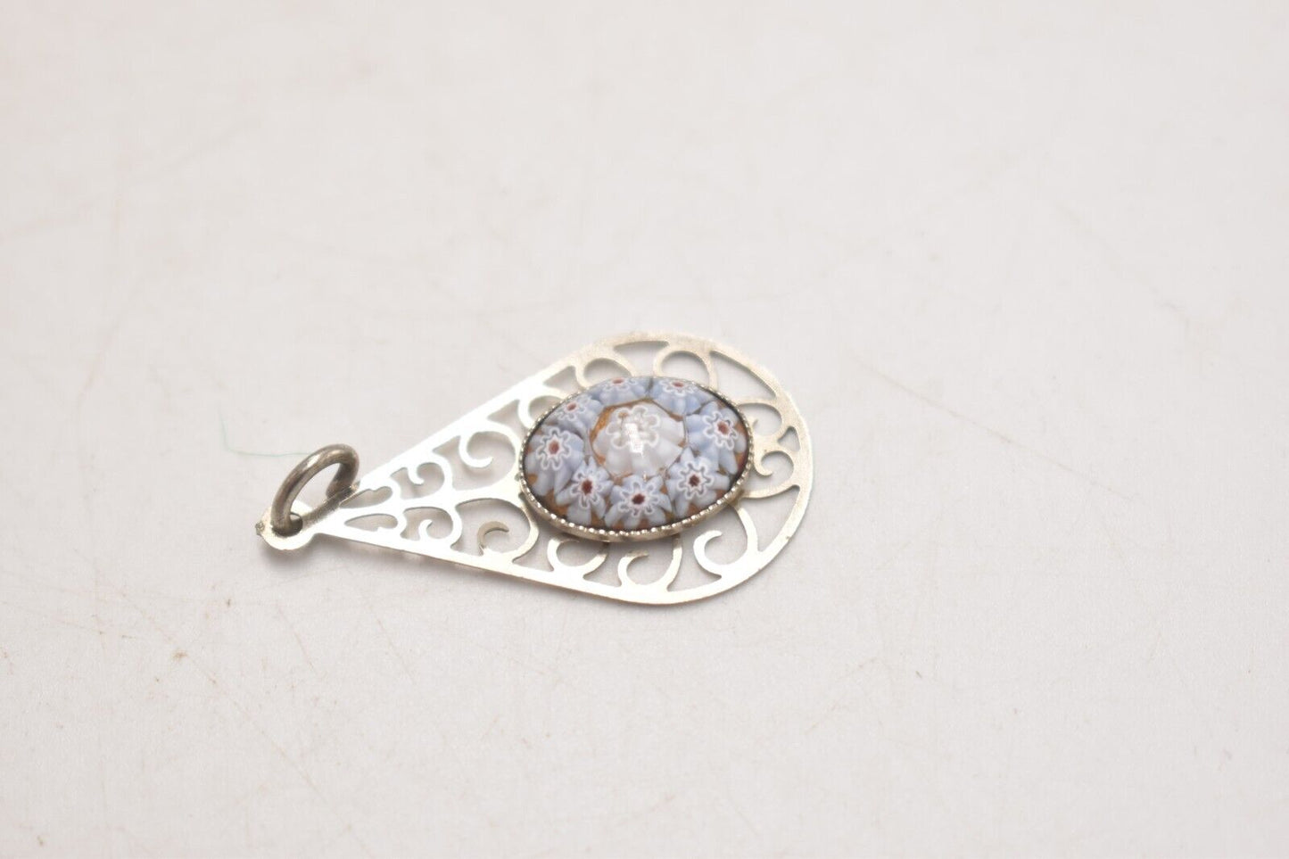 Vintage Millefiori Murano Glass and Silver Metal Teardrop Necklace Pendant