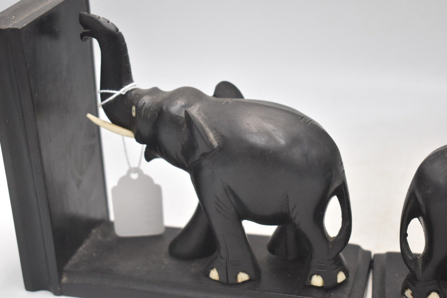 Vintage Hand-Carved Ebony Wooden Elephant Bookends Ceylonese 13cm