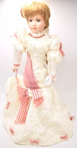 Vintage Porcelain Doll – Blonde Hair, Brown Eyes, Regency Cream Dress – 45cm