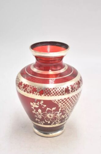 Vintage Bohemian Czechoslovakia Red Ruby Art Glass Vase with Silver Overlay