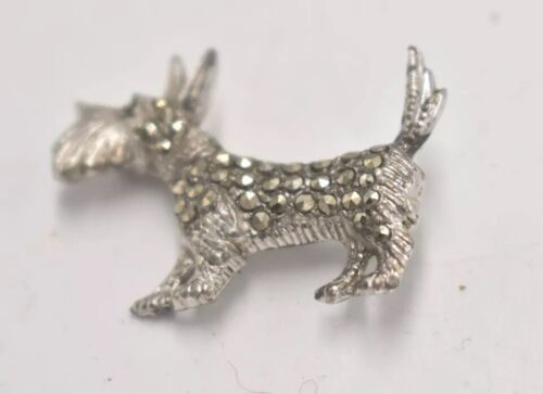 Vintage Scottie Dog Brooch – Silver Tone Metal & Marcasite – Costume Jewellery