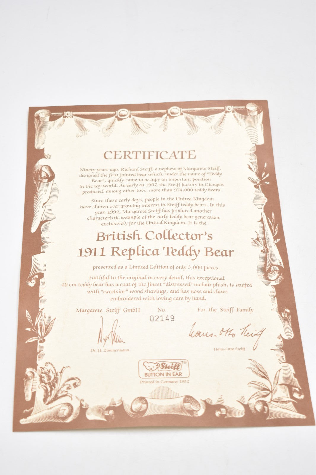 Steiff Replica 1911 Teddy Bear 1992 British Collectors Limited Edition 406645