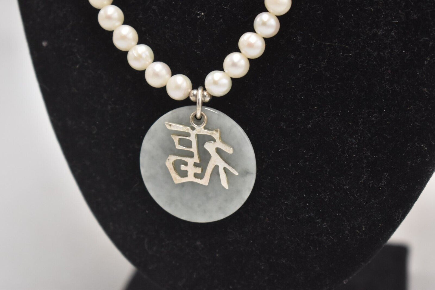 Vintage Sterling Silver 925 Green Jadeite & Faux Pearl Blessings Charm Necklace