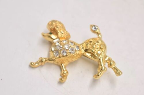Vintage Poodle Dog Brooch – Gold Metal with Rhinestones – Costume Jewellery