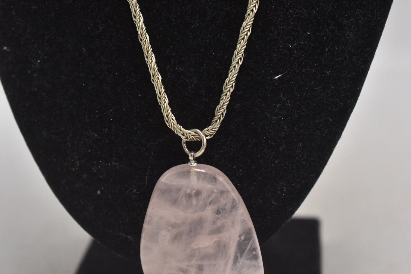 Vintage Silver Metal Necklace with Large Pink Quartz Pendant – 50cm