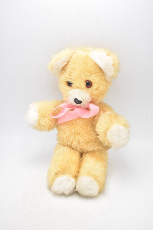 Vintage 1970s Plush Teddy Bear Soft Toy with Pink Bow