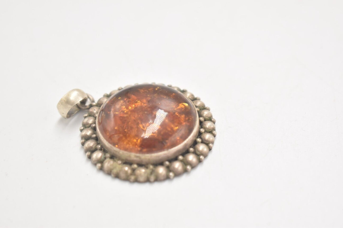 Vintage Sterling Silver 925 Amber Ornate Marcasite Necklace Pendant