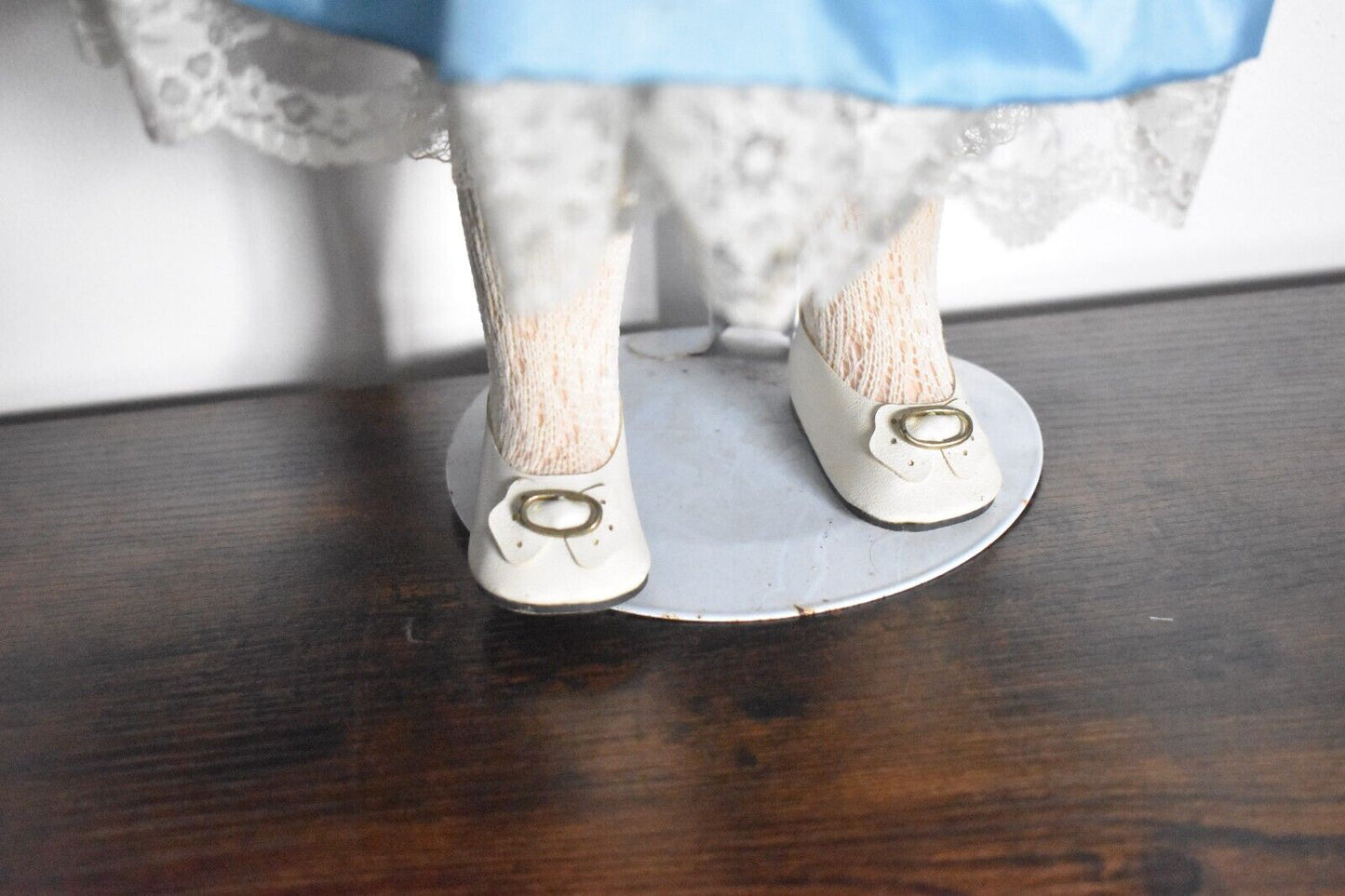 Vintage Porcelain Doll Blonde Hair, Blue Eyes and Blue Silk Dress Outfit