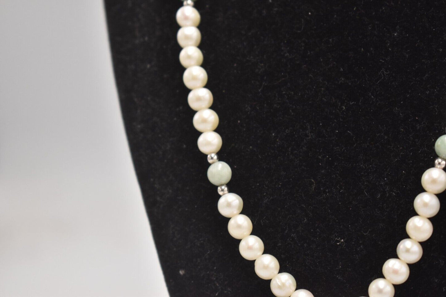 Vintage Sterling Silver 925 Green Jadeite & Faux Pearl Blessings Charm Necklace