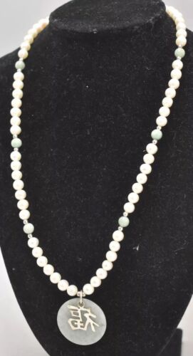 Vintage Sterling Silver 925 Green Jadeite & Faux Pearl Blessings Charm Necklace
