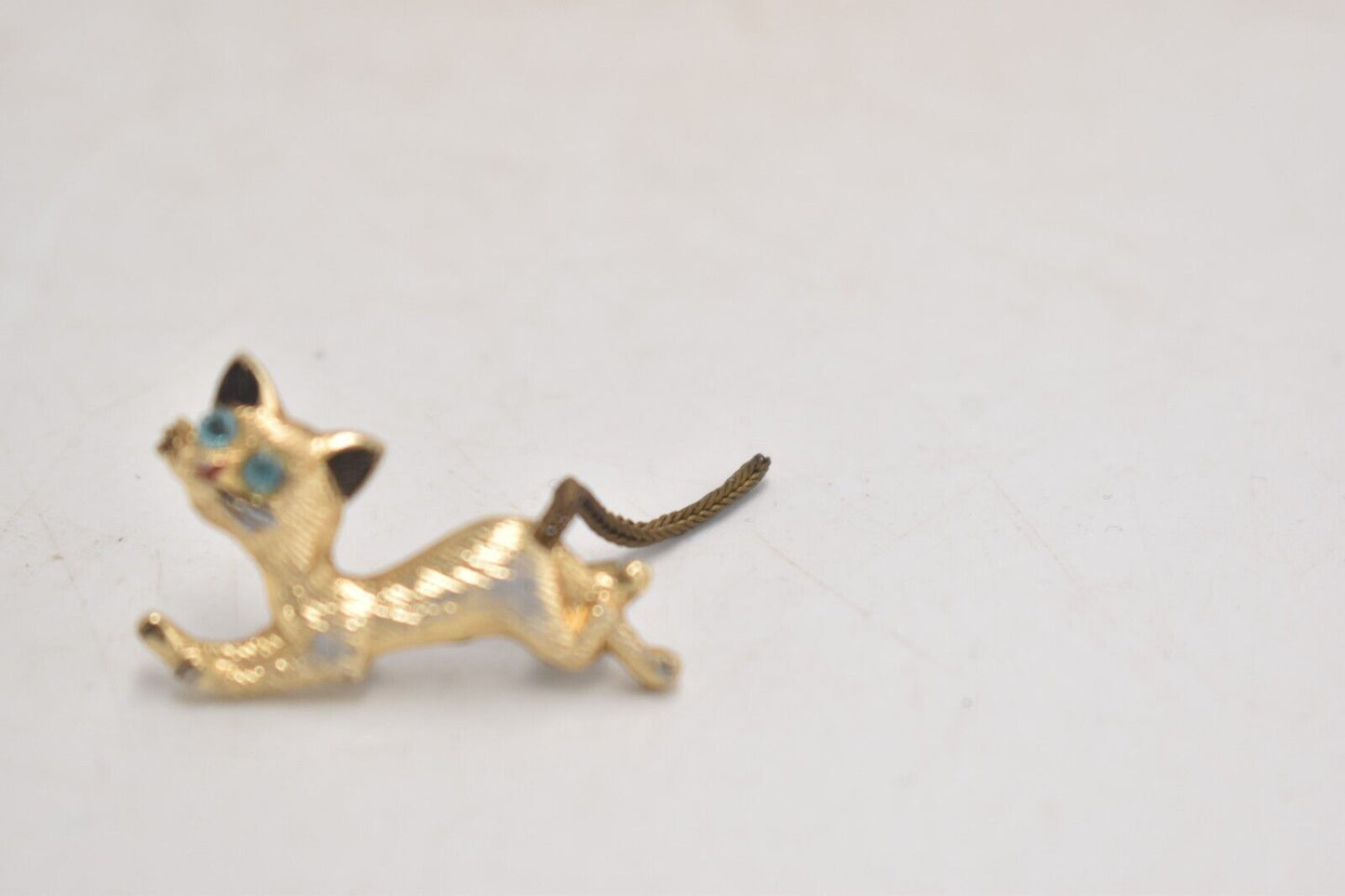Vintage Cat Brooch Gold Tone with Topaz Blue Eyes - Costume Jewellery