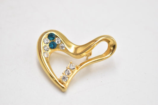 Vintage Minimalist Abstract Heart Brooch - Gold Tone & Rhinestone