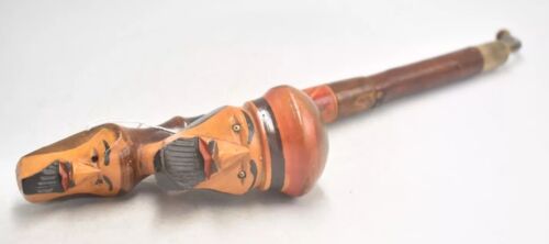 Vintage Hand-Carved Wooden Folk Art Two-Headed Smoking Pipe with Stand – Unique