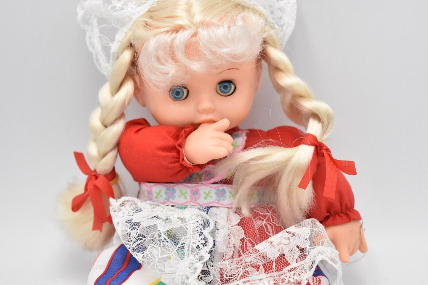 Vintage 1970's Thumb Sucking, Eyes Open and Close Doll Swiss Outfit, Soft Body